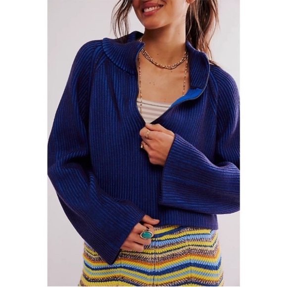Free People Greta Half Zip Sweater First Place Blue Black Combo | Size Large - Picture 6 of 6